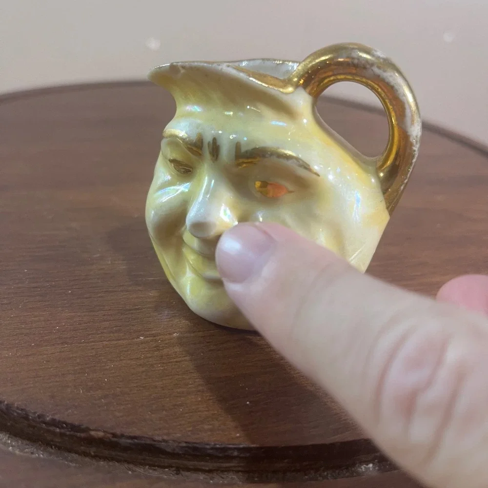 Vtg Man on Moon Face Miniature Creamer Pitcher Yellow Lustre Gold Trim 2.5
